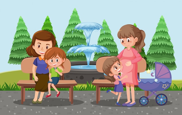 Los padres llevan a sus hijos y el cochecito de bebé al estilo de dibujos animados del parque.
