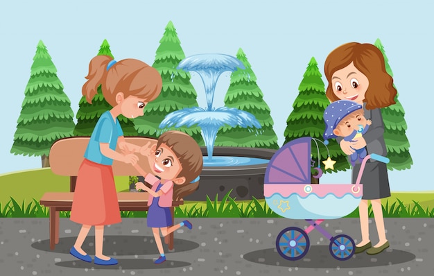 Los padres llevan a sus hijos y el cochecito de bebé al estilo de dibujos animados del parque.