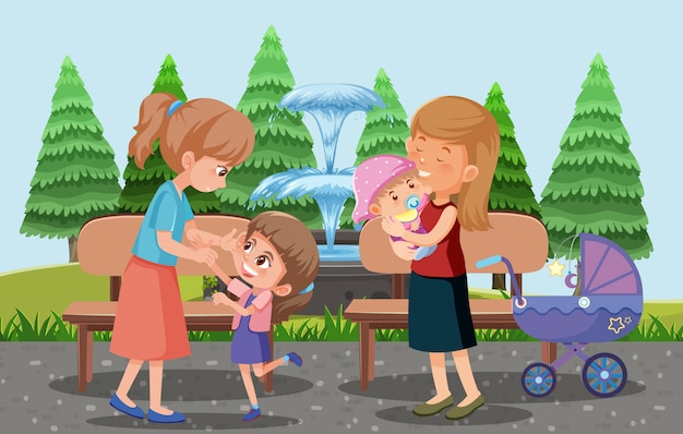 Los padres llevan a sus hijos y el cochecito de bebé al estilo de dibujos animados del parque.