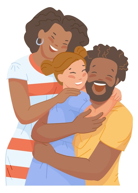 Padres negros, abrazar, caucásico, niña, familia, con, adoptado, niño