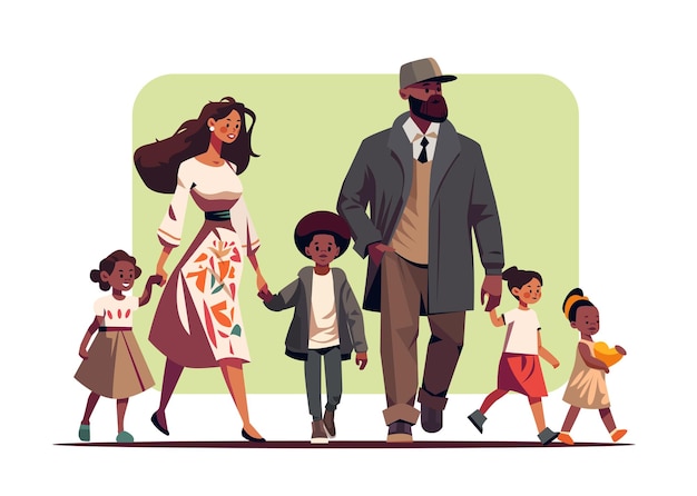 Los padres y los niños pequeños que caminan juntos mezclan la raza, la madre, el padre y los niños, juntos, la paternidad, el gran concepto de familia