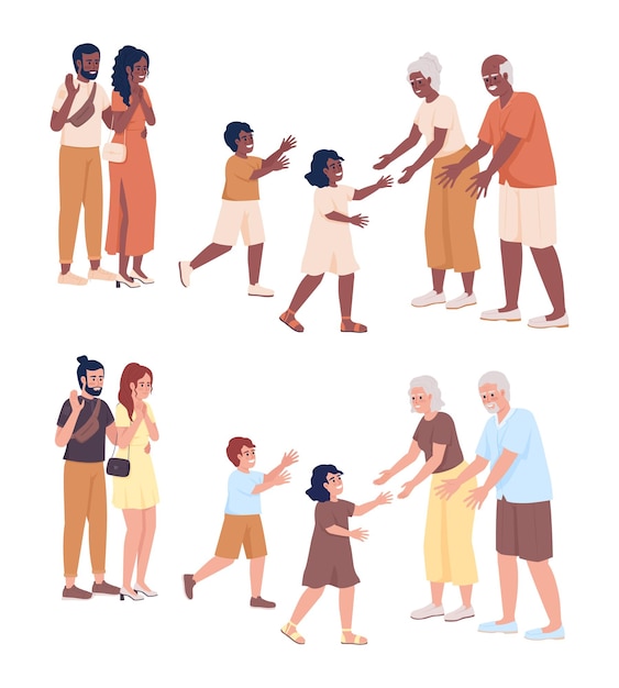Padres que dejan a los niños con abuelos conjunto de caracteres vectoriales de color semiplano