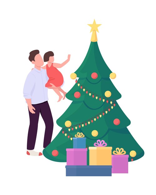 Los padres sostienen al niño cerca de los personajes vectoriales de color semiplano del árbol de Navidad. Posando figuras. Gente de cuerpo completo en blanco. Ilustración de estilo de dibujos animados moderno aislado de vacaciones para diseño gráfico y animación