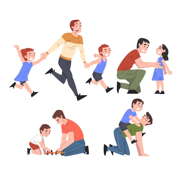 Padres y sus hijos disfrutando juntos ponen a padres e hijos jugando y divirtiéndose dibujos animados