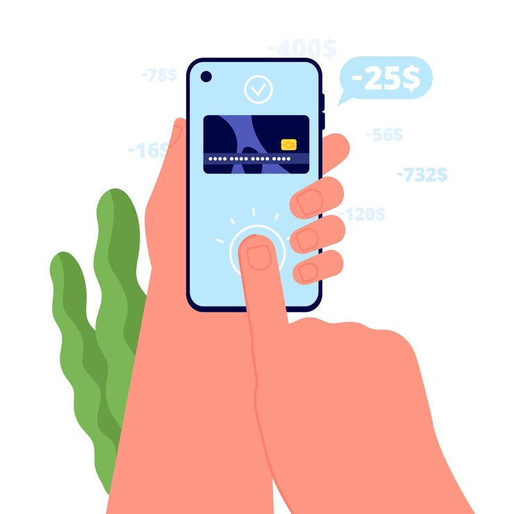 Vector pagar por teléfono facturas pagadas servicios móviles de comercio electrónico teléfono inteligente de mano y pagos aprobados gestión de control de deuda de crédito concepto de vector completo