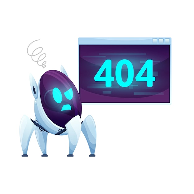 Página 404 con pantalla de dibujos animados y robot. Mensaje de alarma vectorial con un robot de chat confundido con una cara brillante y molesta saluda a los usuarios y los invita a navegar a la página de inicio debido a problemas o errores del sitio.
