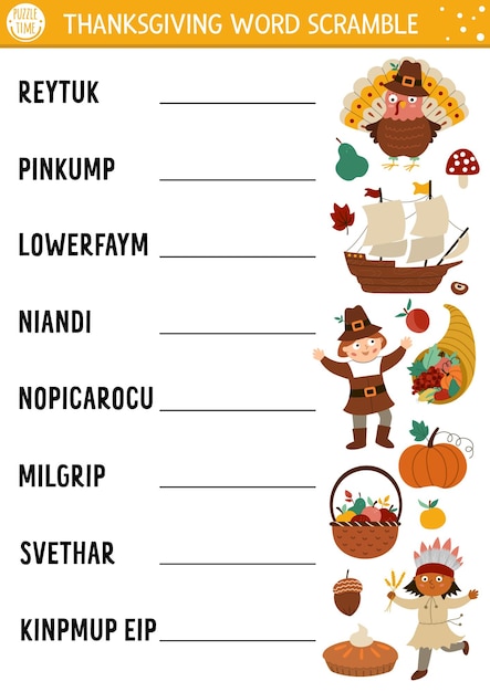 Página de actividad de codificación de palabras de Acción de Gracias vectorial Juego en inglés con un lindo peregrino de calabaza de pavo para niños Cuestionario familiar de vacaciones de otoño Hoja de trabajo imprimible educativa simplexA