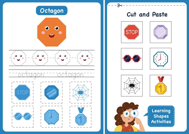 Página de actividades de aprendizaje de formas octágono hojas de trabajo de formas geométricas para niños cortar y pegar