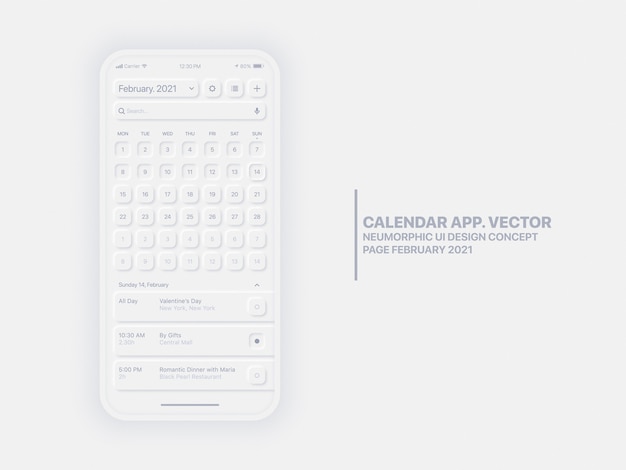 Página de la aplicación de calendario Febrero de 2021 Lista de tareas y tareas Interfaz de usuario conceptual UX