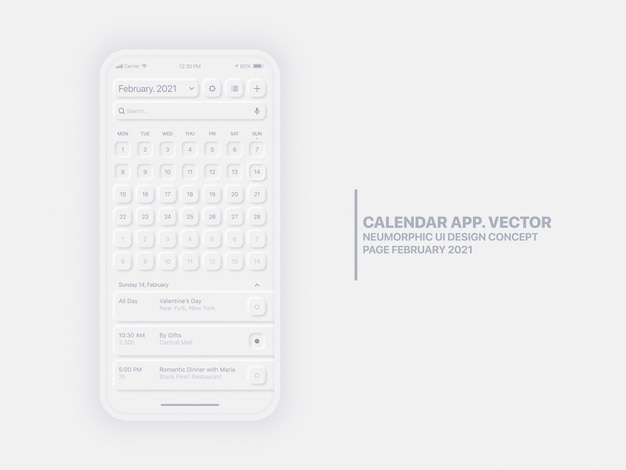 Vector página de la aplicación de calendario febrero de 2021 lista de tareas y tareas interfaz de usuario conceptual ux