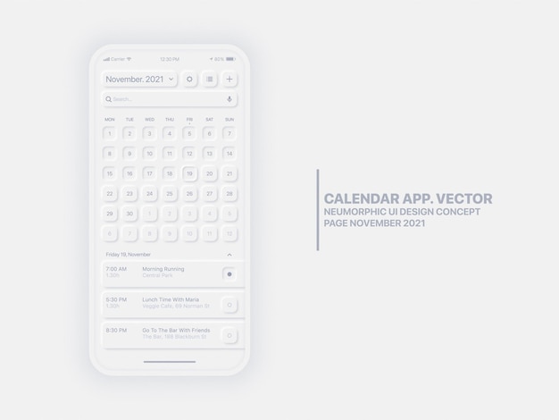 Página de la aplicación móvil Calendario con el Administrador de tareas