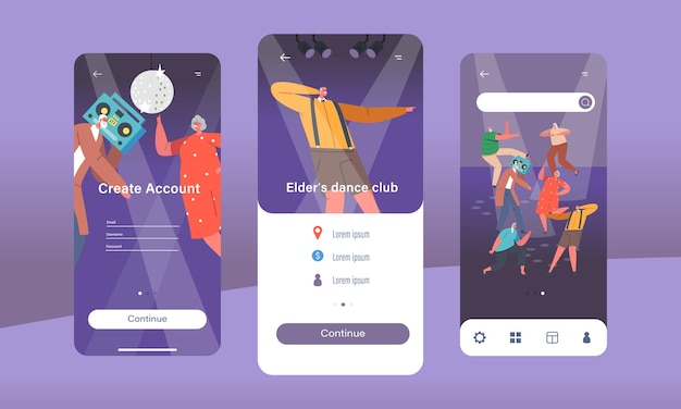 Página de la aplicación móvil Elder Dance Club Plantilla de pantalla integrada Personajes de la tercera edad actuando en una fiesta disco en un club nocturno