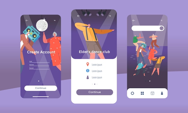 Página de la aplicación móvil elder dance club plantilla de pantalla integrada personajes de la tercera edad actuando en una fiesta disco en un club nocturno