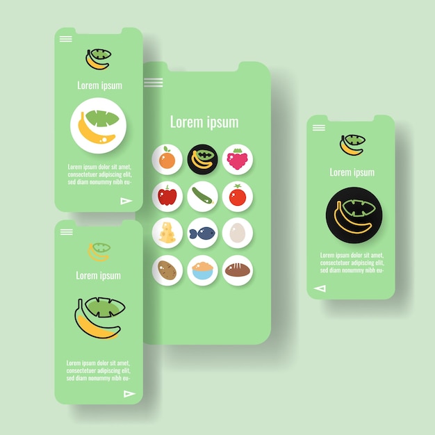 Página de la aplicación móvil de plantilla con ilustración de vector de icono de contorno de comida de fruta de plátano