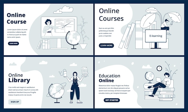 Página de aprendizaje electrónico Sitio de aprendizaje páginas de inicio de estudio web Banners de educación en Internet cursos digitales y biblioteca Plantilla de vector reciente del sitio web de la escuela en línea