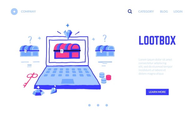 Página de aterrizaje de la caja de botín Gane un tesoro en un juego de computadora o un premio mayor en juegos de casino en línea Plantilla de interfaz de diseño de doodle de sitio web con botones y espacio de copia Maqueta de interfaz de usuario colorida vectorial