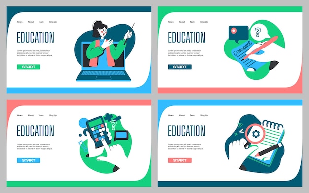 Página de aterrizaje de educación de estudiantes Curso a distancia digital Formación en línea plantilla de diseño de sitio web Universidad elearning Conocimiento escolar Servicio informático Set de fondos web vectoriales