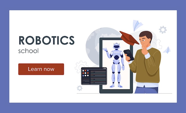 Página de aterrizaje de la escuela de robótica hombre con teléfono inteligente cerca de robot tecnologías e innovaciones modernas