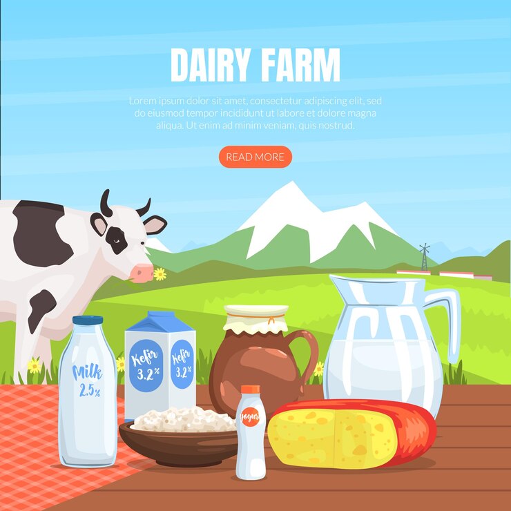 Vector página de aterrizaje de la granja lechera plantilla de productos agrícolas ecológicos frescos y saludables página web página principal aplicación móvil ilustración vectorial