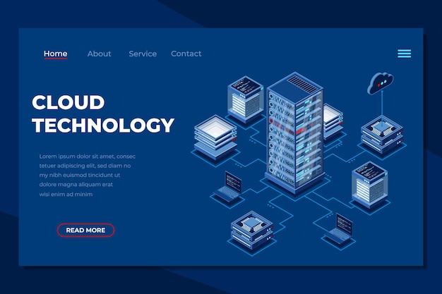 Página de aterrizaje isométrica de computación en la nube Servidor de almacenamiento en la nube Tecnología de base de datos en línea de computadora en la nube Técnica isométrica