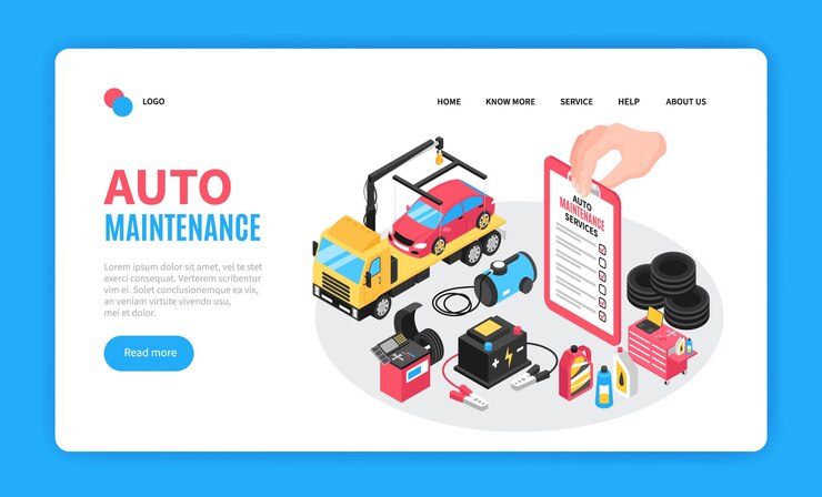 Vector página de aterrizaje isométrica de mantenimiento de automóviles
