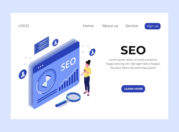 Página de aterrizaje isométrica de optimización de motores de búsqueda