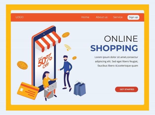 Página de aterrizaje isométrica que muestra compras en línea