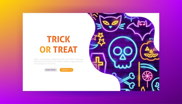 Página de aterrizaje de neón de truco o trato. ilustración de vector de promoción de halloween de vacaciones.