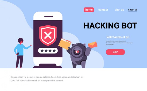 Página de aterrizaje o plantilla web con ilustración, pirateo del tema bot