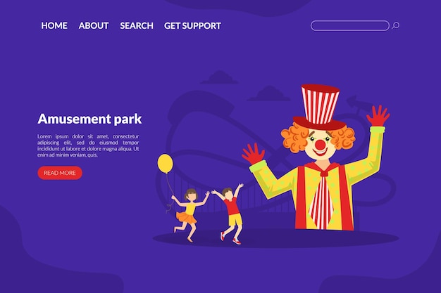 Vector página de aterrizaje del parque de atracciones plantilla actuación de circo con payasos divertidos página web aplicación móvil página de inicio ilustración vectorial