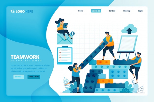 Página de aterrizaje plantilla de ilustración de estrategia y planificación en la construcción de la viga. desarrollo humano en trabajo en equipo, colaboración y construcción.