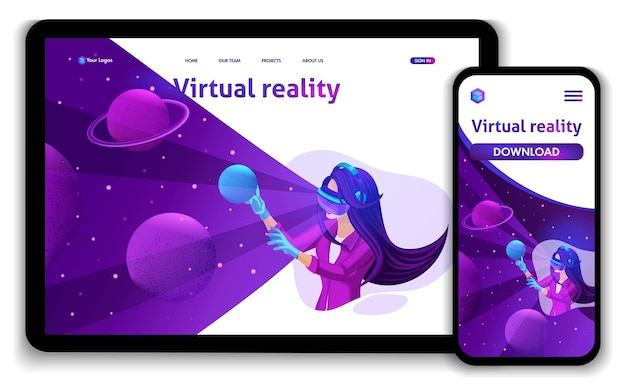 Página de aterrizaje de plantilla de sitio web concepto isométrico de realidad aumentada, la niña juega con ojos virtuales en realidad virtual. fácil de editar y personalizar, responsive.