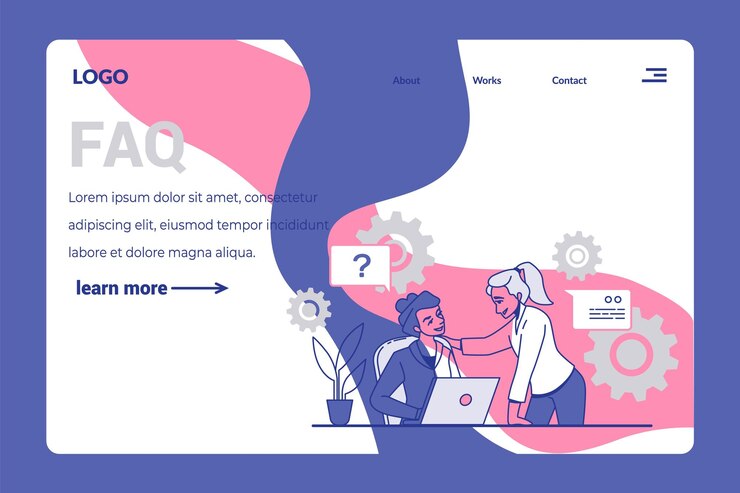 Vector página de aterrizaje de preguntas frecuentes del equipo de oficina apoyo empresarial mujeres que trabajan con computadoras respuestas a preguntas profesionales servicio de ayuda en línea asistencia técnica diseño de plantillas de sitios web vectoriales