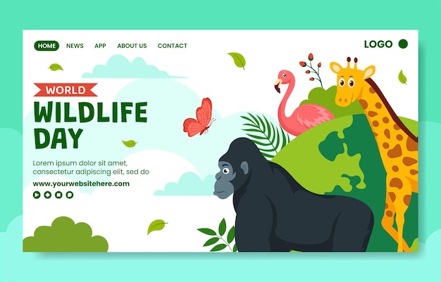 Página de aterrizaje de redes sociales del Día de la Vida Silvestre Plantillas dibujadas a mano de dibujos animados Ilustración de fondo
