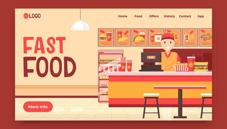 Vector página de aterrizaje de un restaurante de comida rápida dibujada a mano