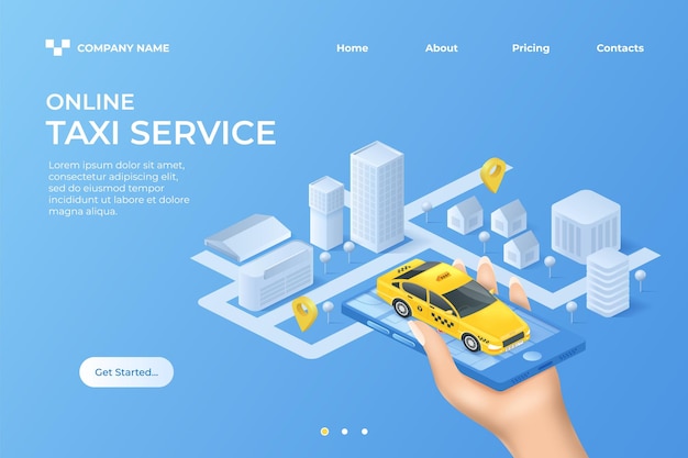 Página de aterrizaje de taxis Banner de aplicación web isométrica Teléfono con coche en exhibición Taxi de la ciudad amarillo Navegación en la calle Smartphone en la mano Servicio de pedido de automóviles Diseño de dibujos animados de sitio web vectorial
