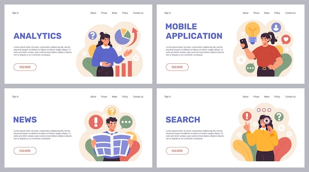Página de aterrizaje de trabajo corporativo Gente de oficina Diseño de sitios web Aplicaciones móviles Análisis de datos Infografía Noticias de negocios Búsqueda de decisiones Gestión de proyectos