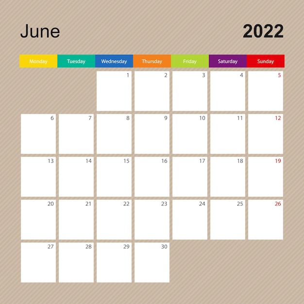 Vector Ð¡página de calendario para junio de 2022, planificador de pared con diseño colorido. la semana comienza el lunes.