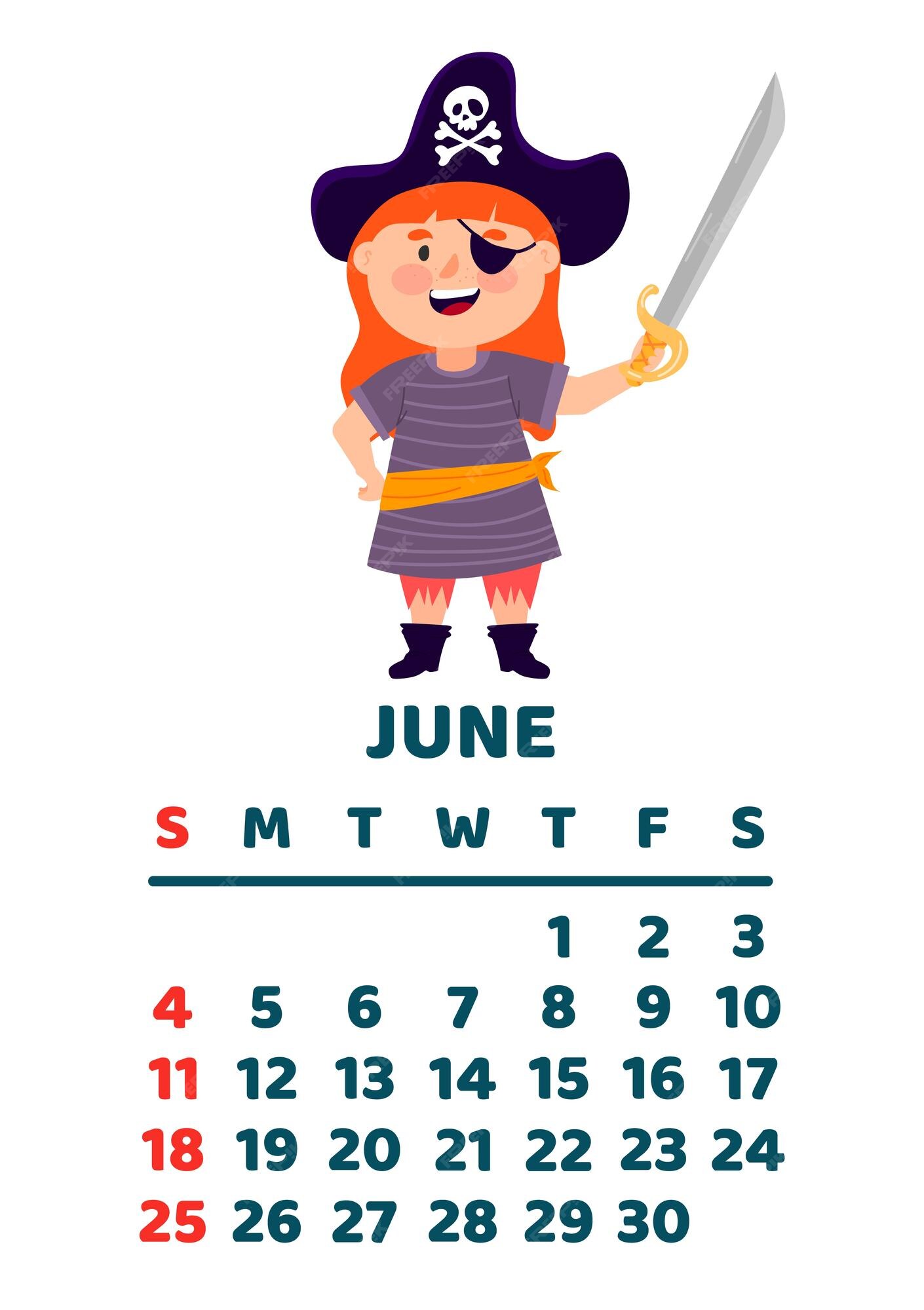 Página del calendario de junio de 2023 ilustración de dibujos animados  vectoriales con lindo pirata plantilla para imprimir diseño vertical fondo  blanco | Vector Premium