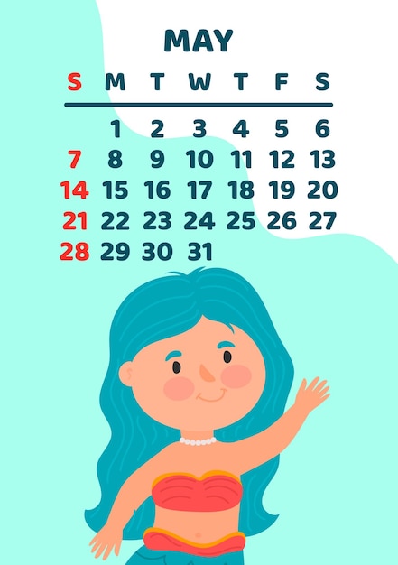 Página del calendario de mayo de 2023 ilustración de dibujos animados vectoriales con plantilla de sirena linda
