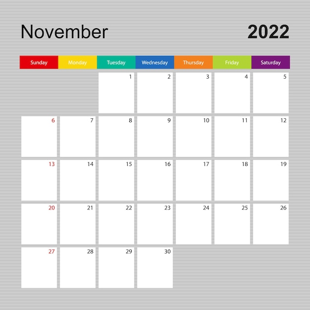 Vector Ð¡página de calendario para noviembre de 2022, planificador de pared con diseño colorido. la semana comienza el domingo.