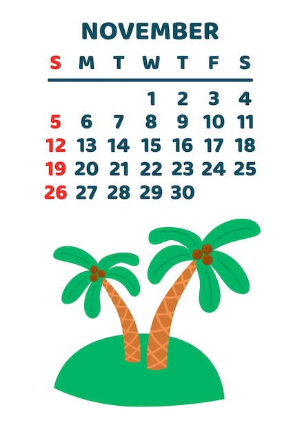 Página del calendario de noviembre de 2023 Ilustración de dibujos animados vectoriales con una linda isla del tesoro Plantilla para imprimir Diseño vertical Fondo blanco