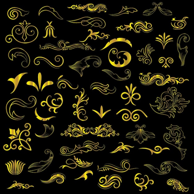 Página de color dorado Divisor y elementos de diseño Conjunto de varios diseños simples de divisor negro