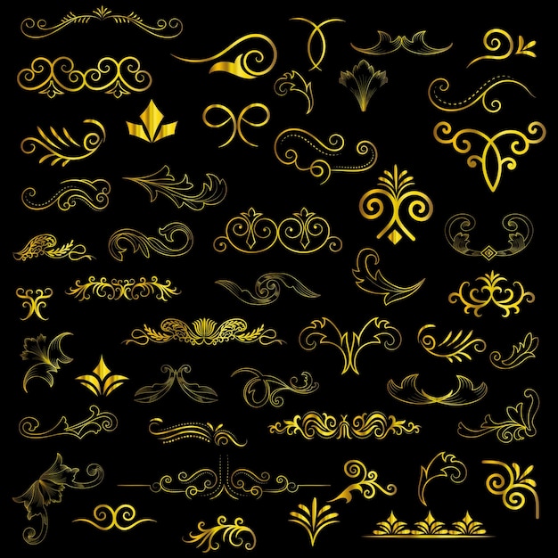 Página de color dorado Divisor y elementos de diseño Conjunto de varios diseños simples de divisor negro
