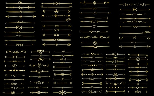 Página de color dorado Divisor y elementos de diseño Conjunto de varios diseños simples de divisor negro