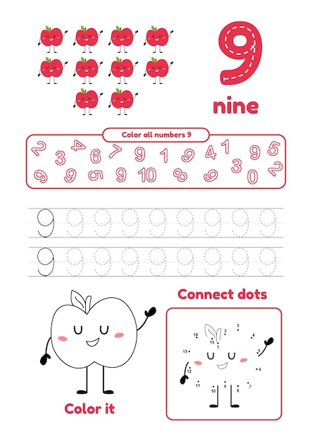 Página en color traza punto a punto Aprende el número 9 Muchos juegos en una página para niños en edad preescolar