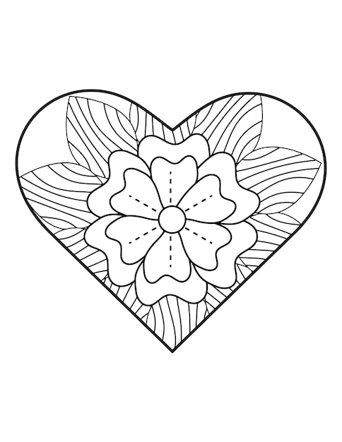 Página de coloreado del corazón, libro de coloreado de flores para adultos, forma de corazón, adorno de corazón.