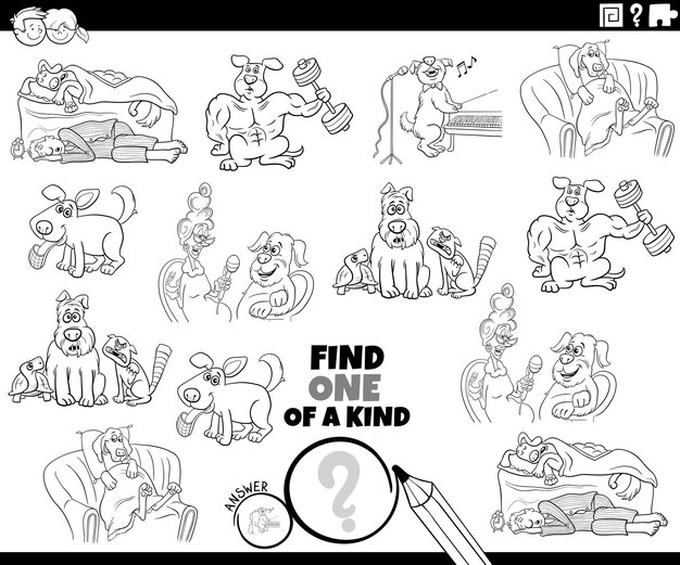 Página para colorear de una actividad única con perros de dibujos animados
