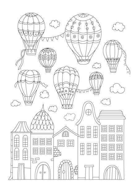 Página para colorear para adultos y niños con globos de aire caliente sobre la ciudad que alivian el estrés