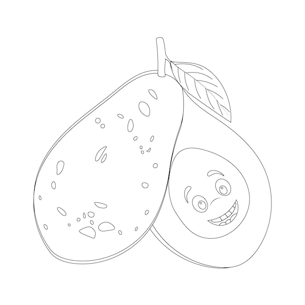 Página para colorear de aguacate para niños Kawaii Libro para colorear con aguacate Ilustración vectorial en blanco y negro